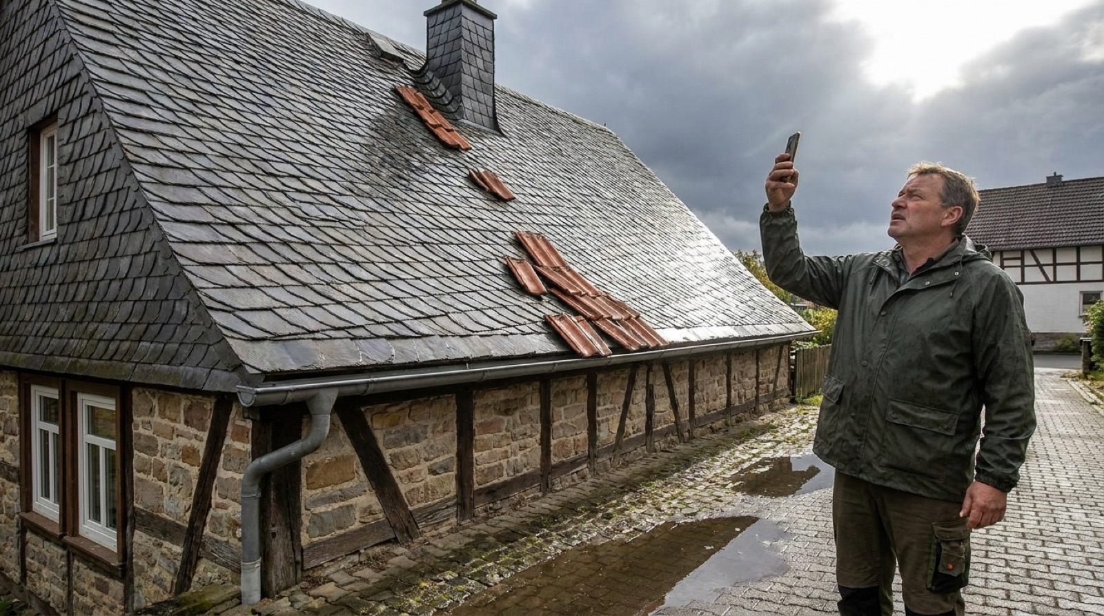 Hausbesitzer prüft nach einem Sturm das Dach seines Hauses