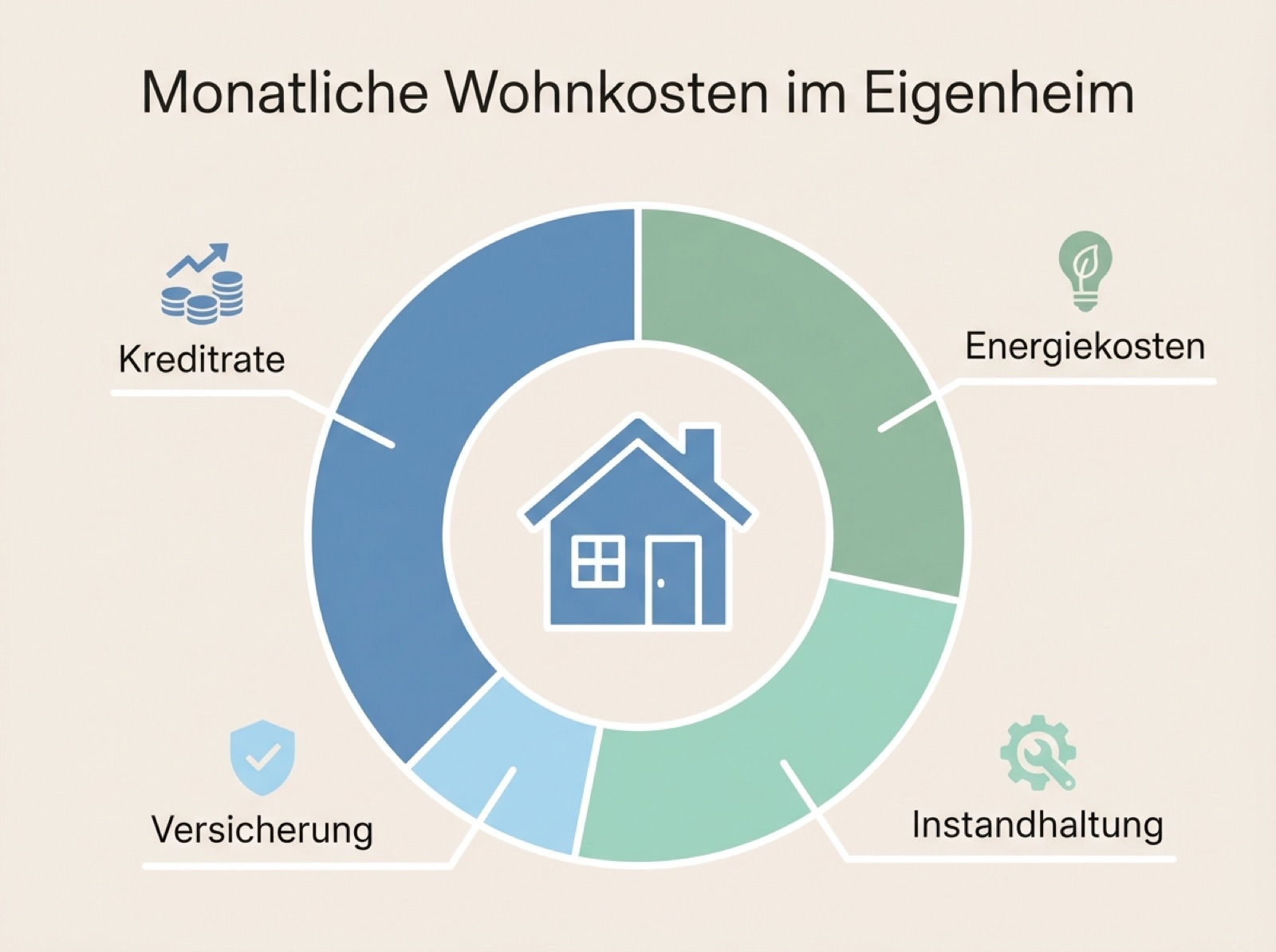 Infografik mit Donut-Diagramm zu den monatlichen Wohnkosten im Eigenheim: Kreditrate, Energiekosten, Instandhaltung und Versicherung