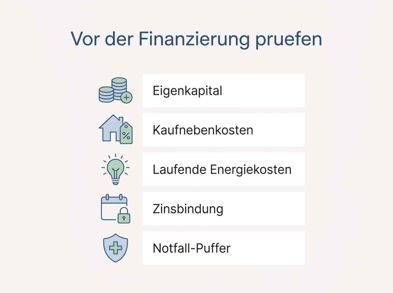 Checkliste mit fünf Prüfpunkten, die erfahrene Käufer vor der Baufinanzierung abhaken